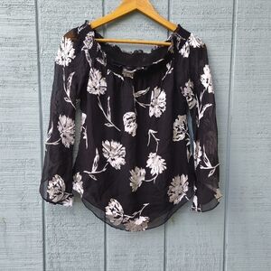 WHBM Silk Burnout Floral Smocked Off Shoulder Blouse sz S Black White